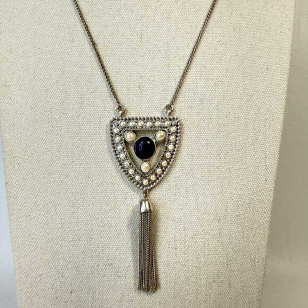 Lucky Brand Blue Bead Shield & Tassel Pendant Faux Pearl Silver Tone